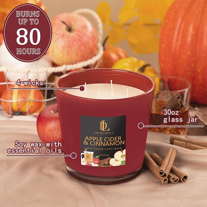 Apple Cider & Cinnamon Candle, Fall Scented Candles, Large 30oz Natural Soy Candles, 4-Wick 80 Hour Burn Time, Autumn Fragrance Candle Gifts for Home Decor