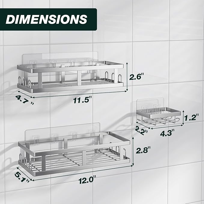 Shower Caddy Adhesive,No Drill Bathroom Organizer,Large Capacity Rustproof Shelves for Inside Shower,Bathroom Organizers and Storage,Silver