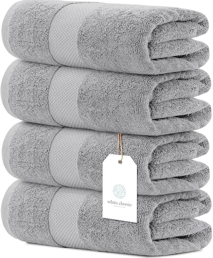 White Classic Luxury Bath Towels Set of 4 Large - 700 GSM Cotton Ultra Soft Bath Towels 27x54 | Highly Absorbent and Quick Dry | Hotel Towels for Bathroom Luxury, Plush Shower Towels, Dolphin Gray