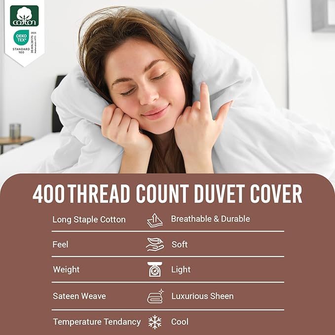 Pizuna Pure 100% Cotton Duvet Cover Queen Size 1 PC, Luxurious 400 Thread Count Long Staple Cotton Duvet Cover, Soft Sateen Weave Comforter Cover, Button Closure (White Duvet Cover Only, Queen)