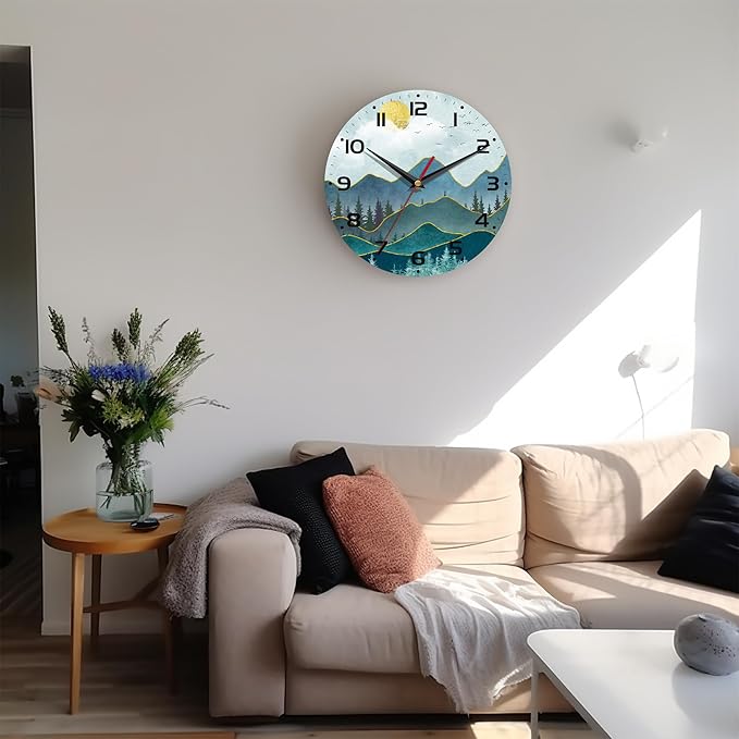 Wall Clock, 10 Inch Silent Non-Ticking Home Kitchen Decor, Battery Operated for Bathroom Bedroom Living Room Office(Abstract Mountain Sun)