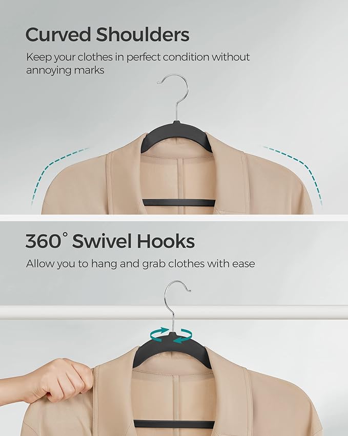 SONGMICS Velvet Hangers 50 Pack, Non-Slip Clothes Hangers, Suit Hangers with Shoulder Notches, Pants Bar, 360° Swivel Hook, Space-Saving, for Closet, Ink Black UCRF029B05