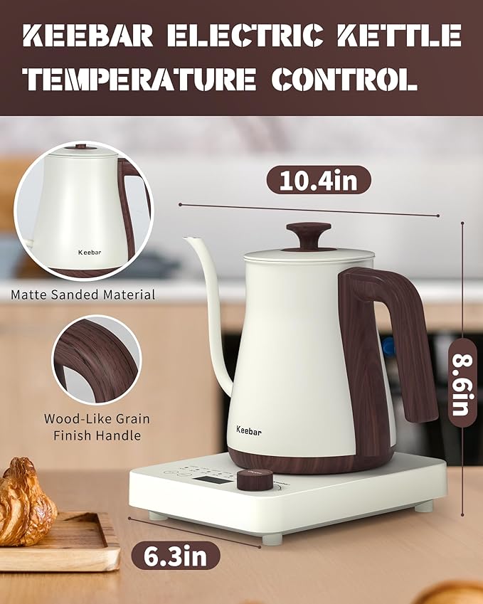 Electric Kettles, 1000W Gooseneck Electric Kettle with 6 Temperature Control Presets, 0.8L/27.05oz, 0.8mm Ultra-Fine Spout, 304 Stainless Steel Inner, Gooseneck Kettle with Auto Shut-Off, Matte White