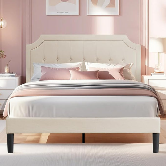 VECELO Full Upholstered Platform Bed Frame with Adjustable Button Stitched Panel Headboard,Strong Wood Slat Support,Velcro Design,Mattress Foundation/Easy Assembly,Beige
