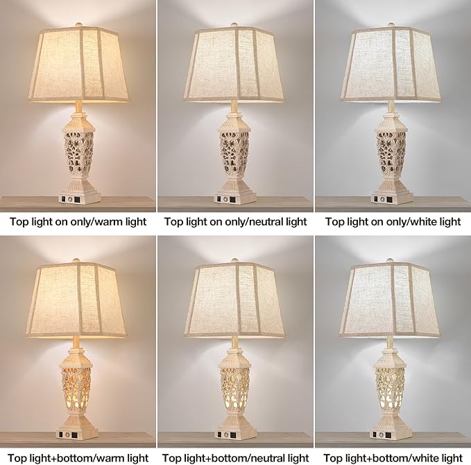 AIDENOEY Farmhouses Table Lamp with USB & USB-C Charging Ports, 3-Color Dimmable & Stepless Bottom Dimming, Touch Control & Switch, Vintage Bedside Lamp for Bedroom Living Room Office,(27.5" high)