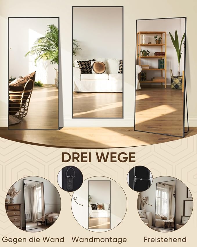 Antok Full Length Mirror, 58"x21" Floor Mirror with Stand, Hanging Mounted Mirrors for Bedroom, Living Room, Cloakroom, Dining Room, Black, Rect