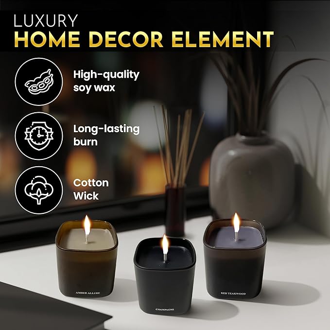 Candle Gift Set β 3 Scented Soy Candles, Clean Burn 50+ Hrs β Flower-Inspired Scents: Amber, Red Tea Wood, Champagne β Bulk Set for Women Giftset, 9.8oz Each, Gift Idea for Women, Home Decor, Birthday