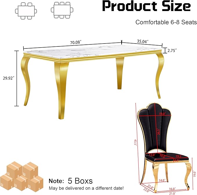 Dining Table Set for 6, 7-Piece Kitchen Table Chairs Set, Modern Dining Room Set with 70'' Marble Dinner Table and 6 Petaloid Backrest Upholstered Chairs for Kitchen, Black & Gold
