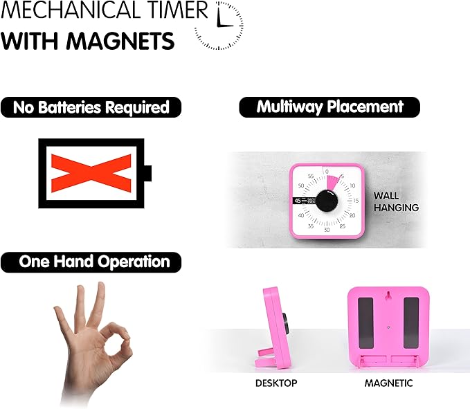 TWENTY5 SEVEN Countdown Timer 7.5 inch; 60 Minute 1 Hour Visual Timer – Classroom Teaching Tool Office Meeting, Mechanical Countdown Clock for Kids Exam Time Management Magnetic, Pink