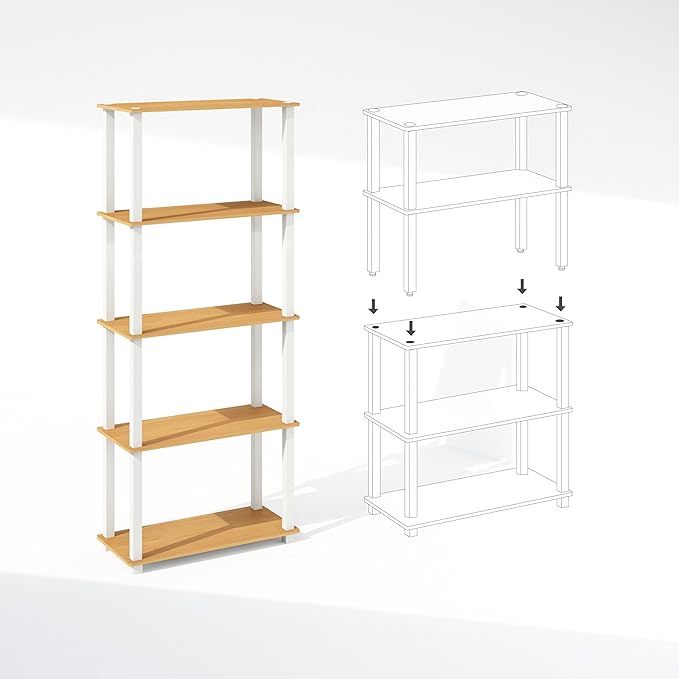 Furinno Turn-S-Tube 3-Tier Compact Multipurpose Shelf Display Rack with Square Tube, Beech/White, Set of 2