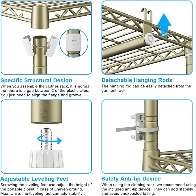 Ulif E13 Heavy Duty Clothes Rack(With 4 Hanger Rods & 8 Shelves) Freestanding Clothing Racks for Hanging Clothes,Adjustable Closet Organizer,Metal Garment Rack 63" W x16 D x77 H,Max Load 900LBS,Gold