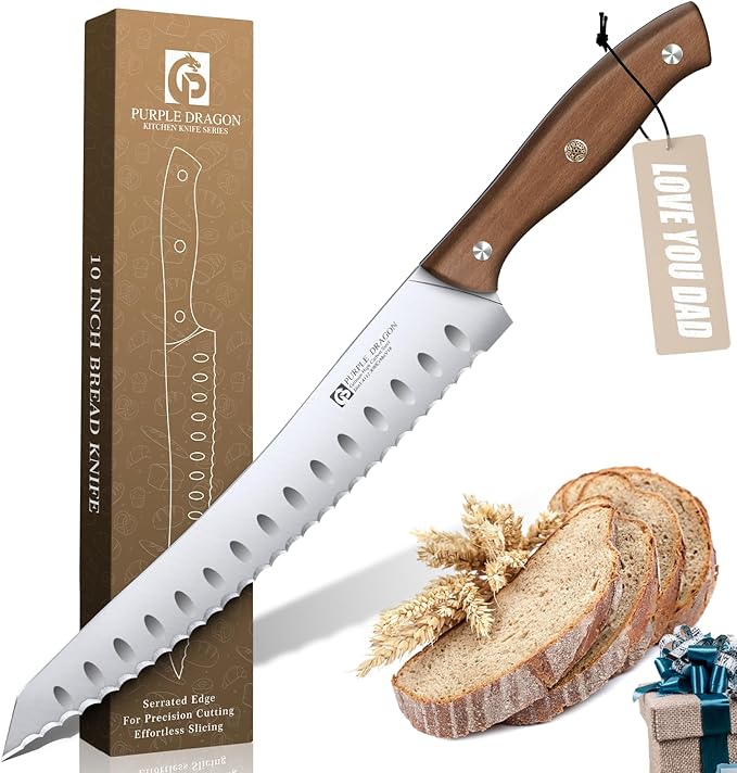 Purple Dragon Bread Knife, Serrated Knives for Homemade Bread Sourdough, German High Carbon Steel Cake Knife and Fruits Cutting, Gift Box, Anniversary Idea Gift for Father Dad - Pointed