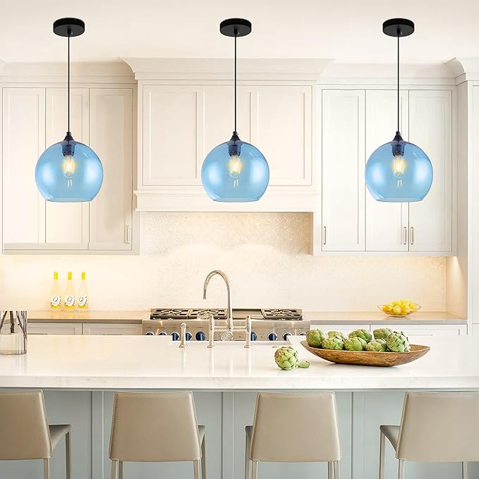 Blue Pendant Lights Kitchen Island Lighting Modern Globe Hand Blown Glass Pendant Light Ceiling Hanging Light fixtures for Kitchen Island Bedroom Living Dining Room Light Fixture,9.8in