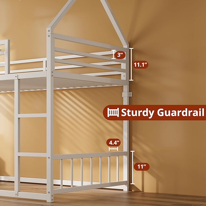 LIKIMIO Bunk Bed Twin Over Twin, House Bunk Bed Frame with Ladder and Guardrail, House Shaped with Metal Slats for Dormitory and Bedroom, Space Saving, No Box Spring Needed, White