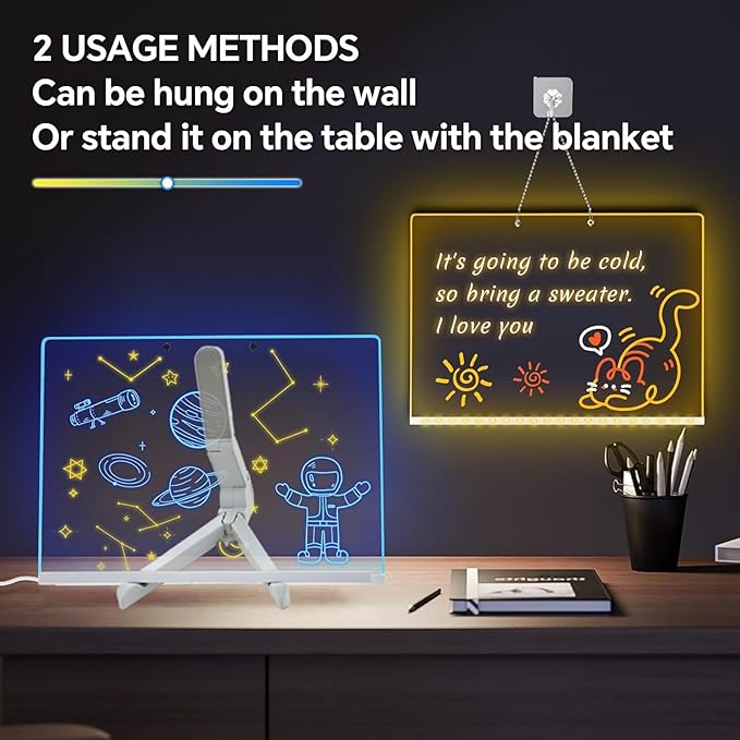 Led Drawing Board, Acrylic Dry Erase Board with Bracket, 11.8" X 7.9” Glow Writing Board, Led Note Board Comes with 7 Drawing Pens and 5 Cartoon Doodle Paper for Office School Home