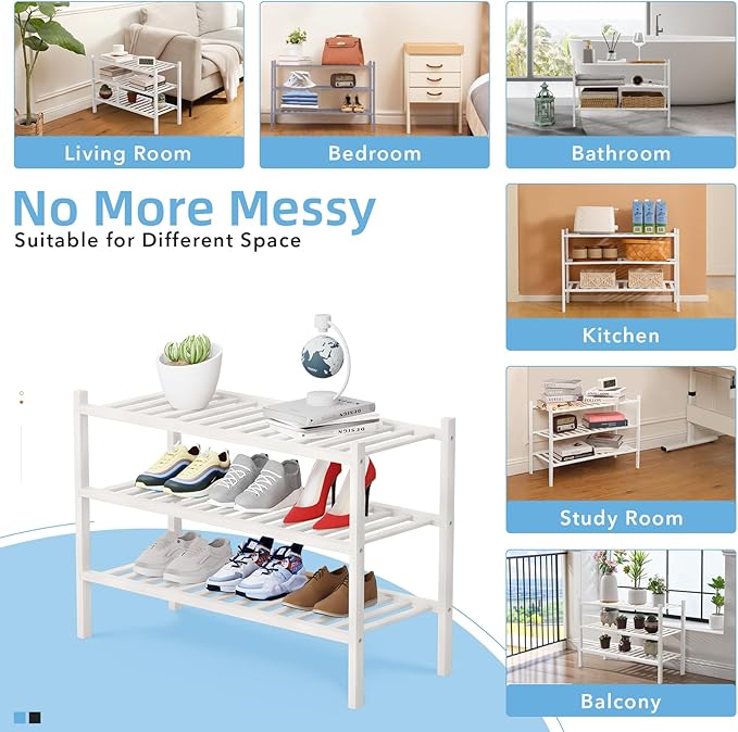 3 Tier Bamboo Shoe Rack Storage Organizer for Closet, Multifunctional Stackable Free Standing Shoe Shelf Organizer for Small Space,Entryway, Hallway, Bathroom27 x11 x20 (White, 3 Tier)