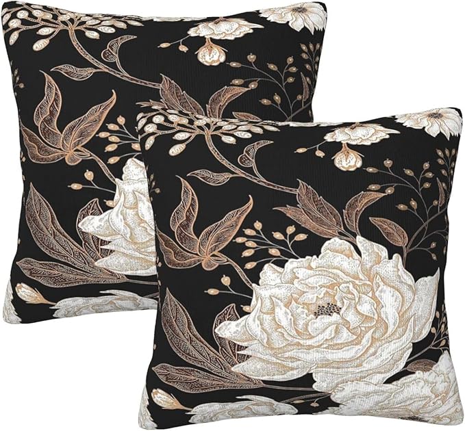 Vintage Peony Roses Floral Plant Throw Pillow Covers Set of 2 Chinoiserie White Flower Leaves Pillowcases Cushion Case Square for Soft Home Decor Bed Couch Car Living Room 18x18 Inch