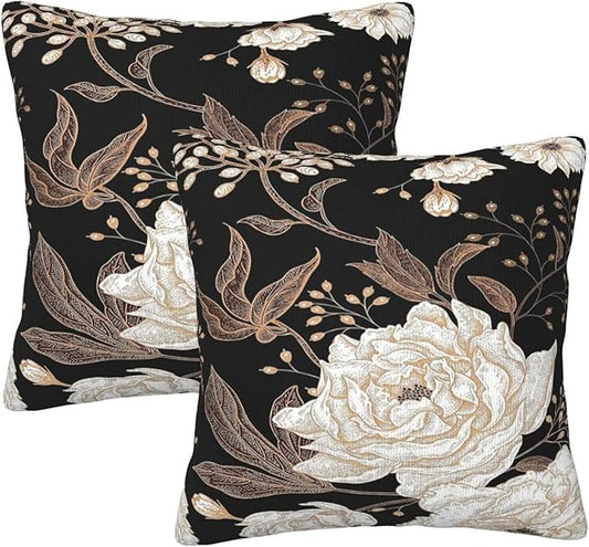 Vintage Peony Roses Floral Plant Throw Pillow Covers Set of 2 Chinoiserie White Flower Leaves Pillowcases Cushion Case Square for Soft Home Decor Bed Couch Car Living Room 18x18 Inch