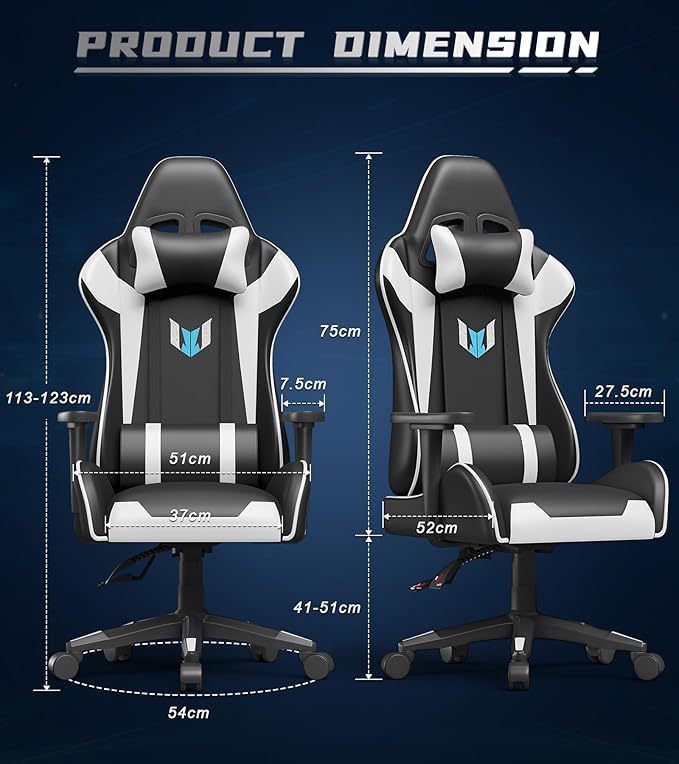 Gaming Chair with Footrest, High Back Ergonomic Computer Gamer Chair with Headrest and Lumbar Support, Racing Style Reclining Game Chair for Adults, Kids (White-Black)