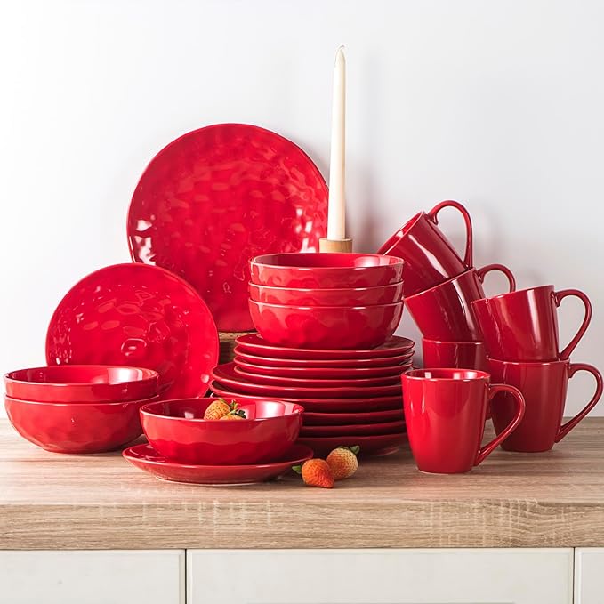 Vicrays Ceramic Pasta & Soup Bowls, Large Salad Bowls - Set of 6 Red, Fluted Stoneware, Dishwasher & Microwave Safe