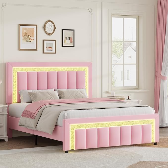 HOMBCK Queen Bed Frame with LED Lights and Velvet Upholstered Headboard, Bed Frame Queen Size with Modern Diamond Headboard Adjustable, Wooden Slats Support, Noise Free, No Box Spring Needed, Pink
