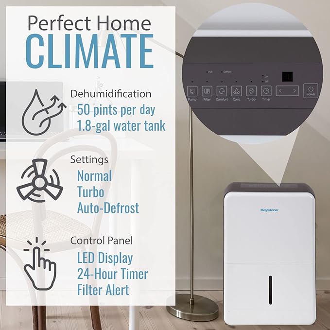 Keystone Energy Star 50-Pint Portable Dehumidifier for Basement, Garage, Living Room, and Extra Large Rooms up to 4,500 Sq.Ft., Quiet Dehumidifier for Home with Auto-Shutoff, Timer, and LED Display