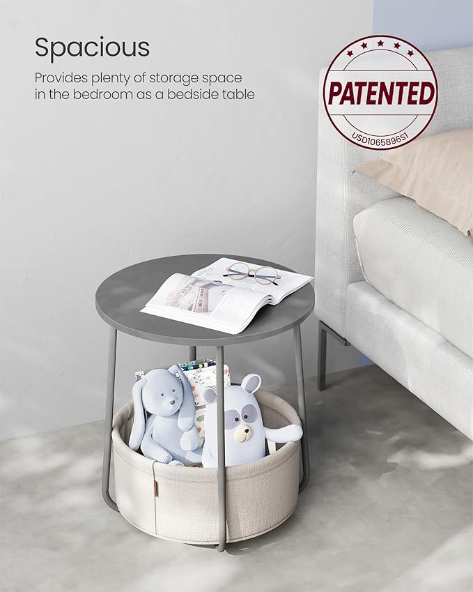VASAGLE Small Round Side End Table, Modern Nightstand with Fabric Basket, Cement Gray and Cream White ULET223G49