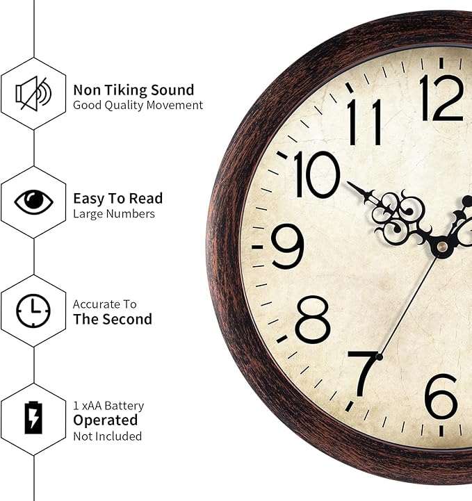Wall Clock 14 Inch Vintage Wall Clocks Battery Operated Quartz Silent Non-Ticking Large Retro Rustic Style Decorative for Living Room, Home Office, Bedroom, Dining Room (Bronze)