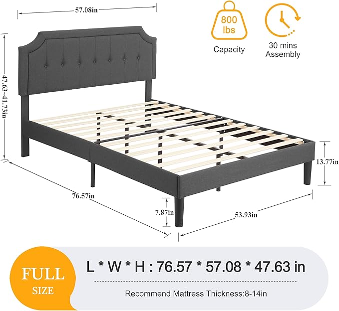 VECELO Full Upholstered Platform Bed Frame with Adjustable Button Stitched Panel Headboard,Strong Wood Slat Support,Velcro Design,Mattress Foundation/Easy Assembly,Grey