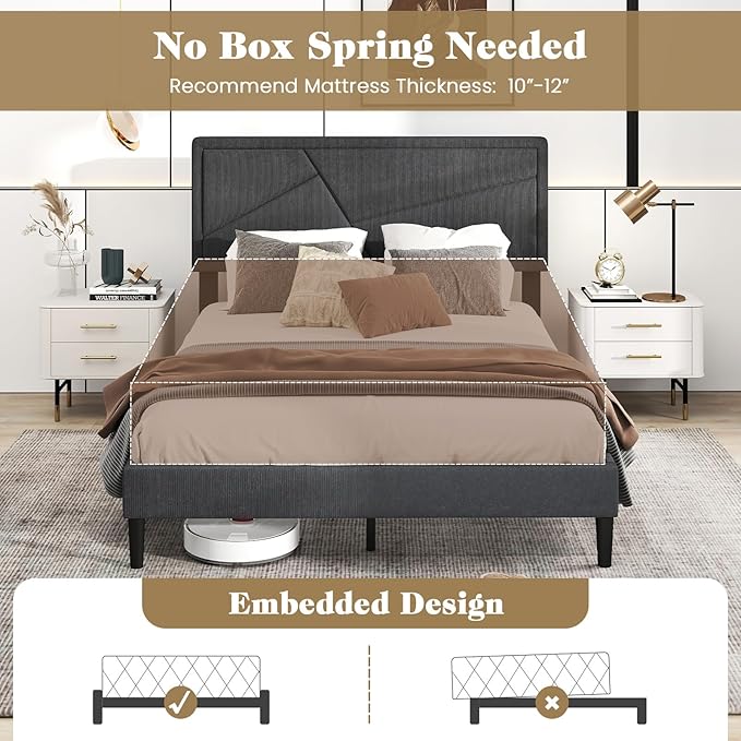 Giantex Full Size Platform Bed Frame, Modern Upholstered Bed Frame with Geometric Tufting Headboard, Wooden Slats Support, No Box Spring Needed, Gray