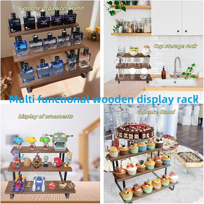 Wooden Cologne Organizer Stand Display Riser Stand Tiered Perfume 3 Tier Organizer Rustic Display Shelf for Cupcake Candle Fragrance Crystal Stone Succulent plant Small ornament