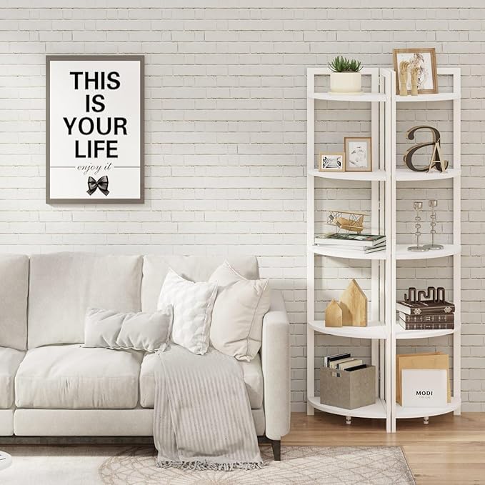 FATORRI Tall Corner Shelf, 5 Tier Modern Corner Bookshelf Stand, Wood and Metal Corner Plant Bookcase for Living Room, Home Office (White Oak)