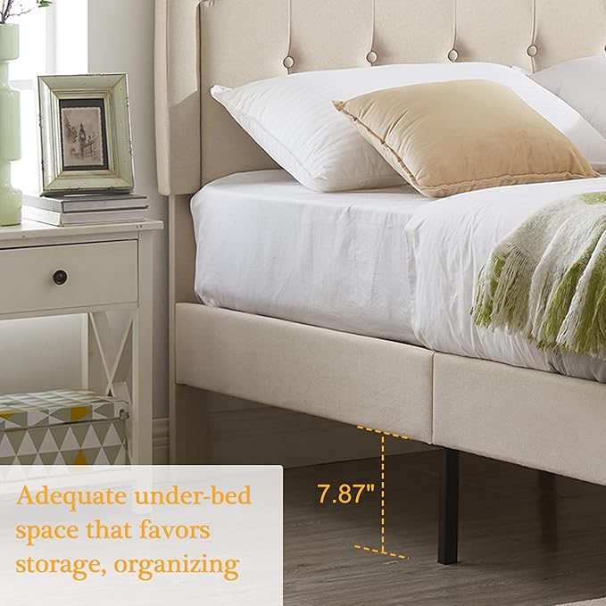 VECELO Full Upholstered Platform Bed Frame with Adjustable Button Stitched Panel Headboard,Strong Wood Slat Support,Velcro Design,Mattress Foundation/Easy Assembly,Beige
