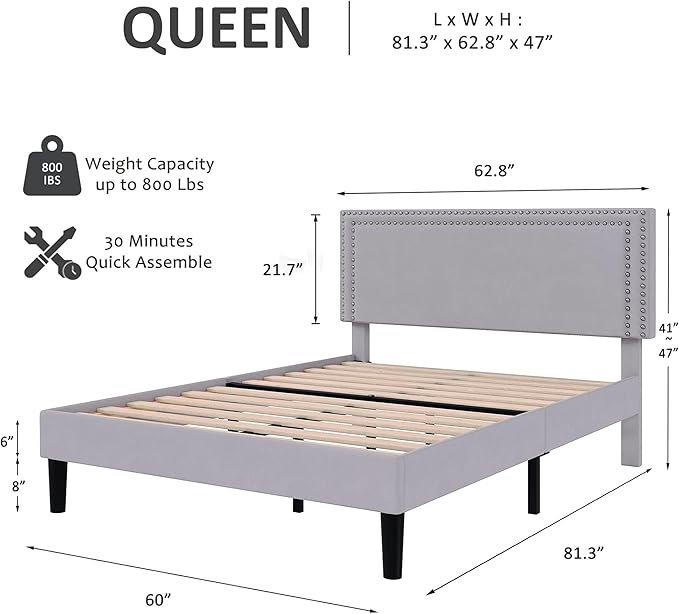 VECELO Queen Size Bed Frame with Adjustable Upholstered Headboard, Wooden Slats Platform, Noise-Free Design, No Box Spring Needed, Easy Assembly