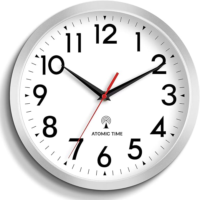 Atomic Wall Clock Analog 12 Inch Battery Operated Modern Decorative for Living Room Kitchen Office Bedroom Bathroom(Silver)