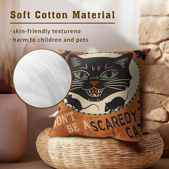 Kawani Halloween Pillow Covers 18x18 Set of 2 Vintage Halloween Decorative Scaredy Cats Pumpkins Trick Or Treat Throw Pillow Covers Farmhouse Pillowcases Cotton Cushion Cover Couch Bed Sofa Chair BZ