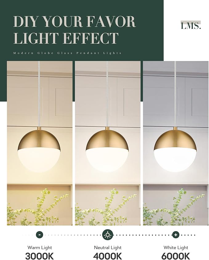 LMS Mid Century Pendant Lights, Brushed Gold Kitchen Island Light Fixtures with White Globe Glass Shade, Adjustable Hanging Cord, 3-Pack for Home Office Dining Room Bathroom, LMS-186PL-BGWS3PK