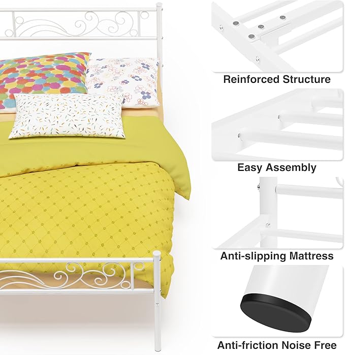 Weehom Twin Size Platform Bed Frame with Flower Design,Strong Metal Slats Support,Easy Assembly no Box Spring Needed White