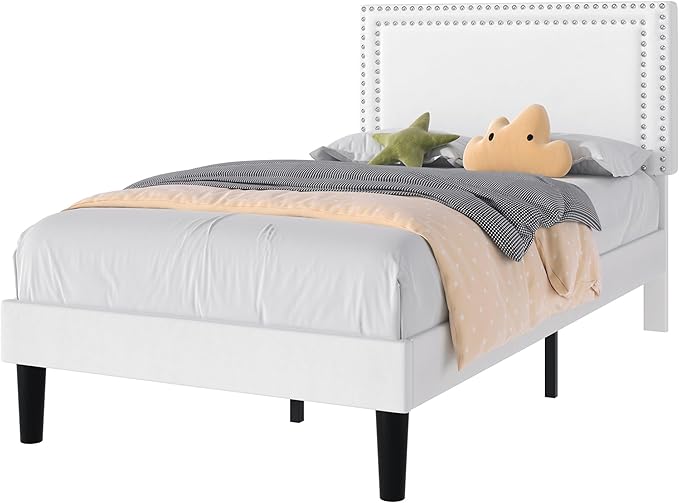 VECELO Twin Size Platform Bed Frame with Height Adjustable Upholstered Headboard, Strong Wood Slats Support, No Box Spring Needed, Easy Assembly