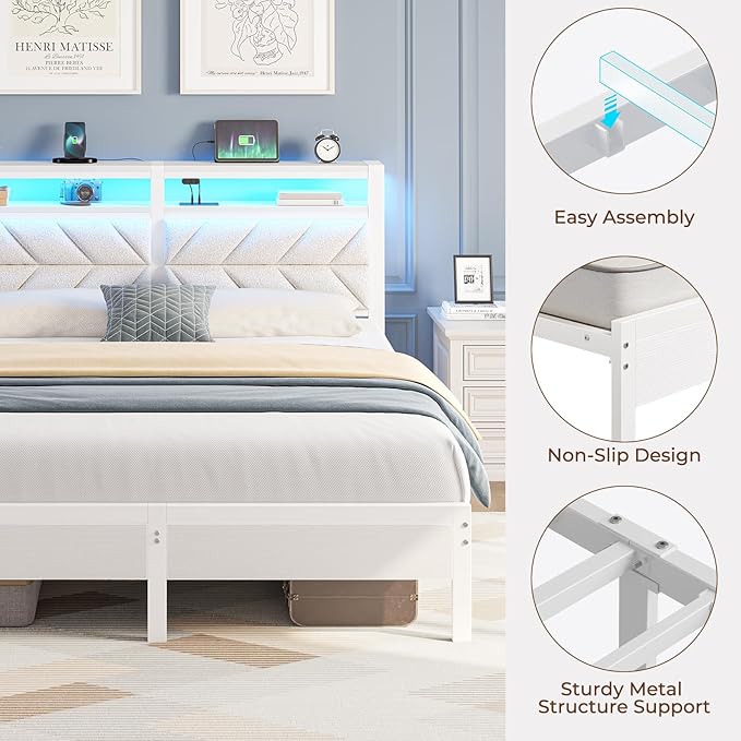 Seventable Bed Frame King Size with Charging Station, LED Bed with Upholstered Storage Headboard, Metal Platform Bed with Under Bed Storage, No Box Spring Needed, Noise Free, Easy Assembly, White