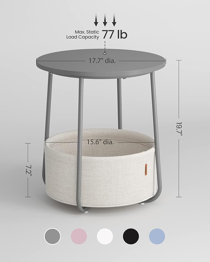 VASAGLE Small Round Side End Table, Modern Nightstand with Fabric Basket, Cement Gray and Cream White ULET223G49