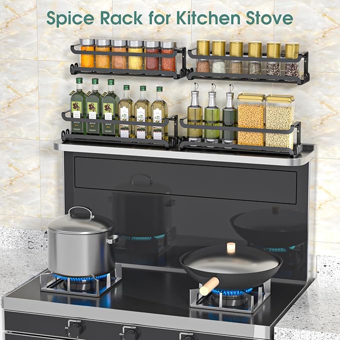 LUCYCAZ 6 Pack Wall Mounted Spice Rack with 22 Hooks, Spice Organizer Shelf for Stove Cabinet Pantry Door,Screw or Adhesive Spice Shelf Hanging Wall Spice Rack in Kitchen and RV (Black, 6 PACK)