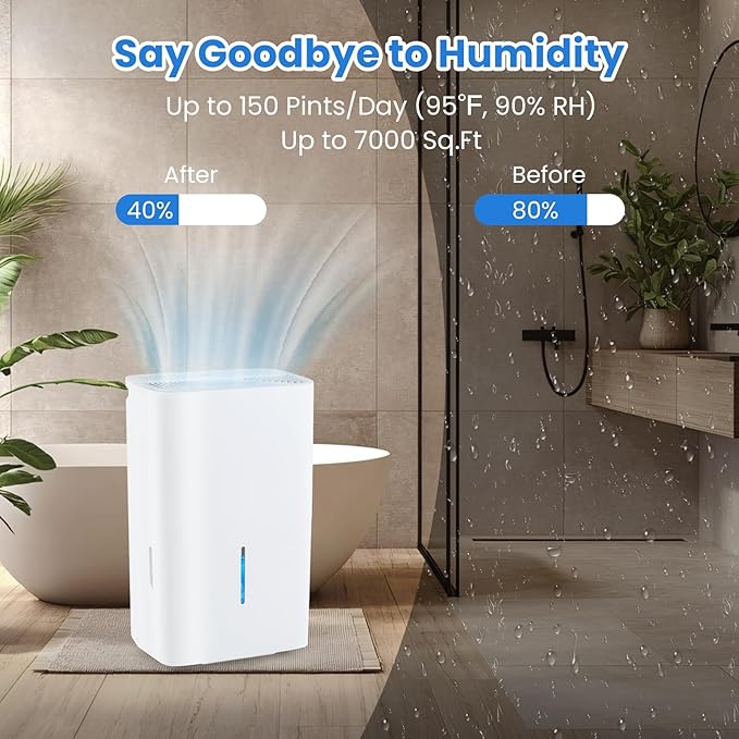 ARLIME 150 Pints Dehumidifier with Pump, 7000 Sq.Ft Energy Star Dehumidifier w/24H Timer, LED Display, Child Lock,2 Drain Hoses & Auto Defrost for Basement Garage Home Office (150 Pints)