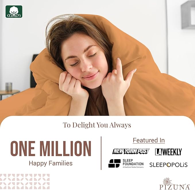 Pizuna Pure 100% Cotton Queen Duvet Cover Set, Luxurious 400 Thread Count Long Staple Cotton Sateen Weave with Button Closure (Combed Apricot Orange Cotton Duvet Cover Queen)