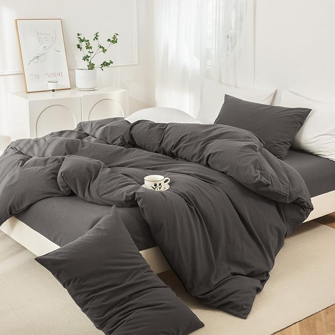 JIYUAN 100% Washed Cotton Duvet Cover Set 3 Pieces Cal King, 1 Duvet Cover 104x98 Inches(Comforter Not Included) and 2 Pillowcases,Linen Feel Bedding Set Comfy and Breathable,Solid Dark Grey