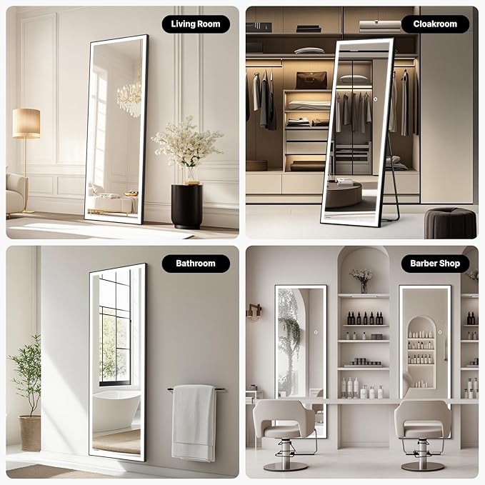 72x28 Full Length Mirror, Dimmable 3 Color LED Light w/Light Memory, Distortion Free Silver Coating Mirror, HD Reflection &Anti Desilvering,Tempered Glass &Shatter Proof Film Doubles Safety