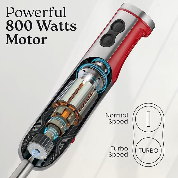 Zulay 4-in-1 Immersion Stick Mixer Hand Blender - 800 Watts, 12 Speeds, 5-ft Power Electric Cord, Handheld Portable, Stainless Steel Blades - With Whisk, Frother & Stick Blender Attachments - Red