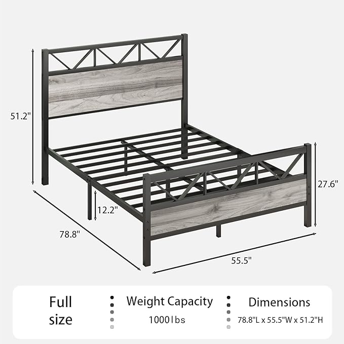 Full Size Bed Frame, Full Bed Frame with 51.2" Tall Industrial Headboard, Full Platform Bed Frame with Strong Steel Slats Support, Noise Free, No Box Spring Needed, Easy Assembly, Wash Grey