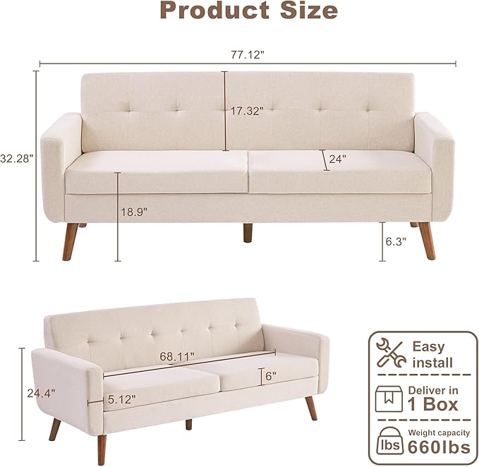 Tbfit 77.2" W Linen Sofa Couch, Mid Century Modern Decor Loveseat Couches for Living Room, Button Tufted Upholstered Small Couch for Bedroom, Solid, and Easy to Install Love Seats Furniture, Oatmeal