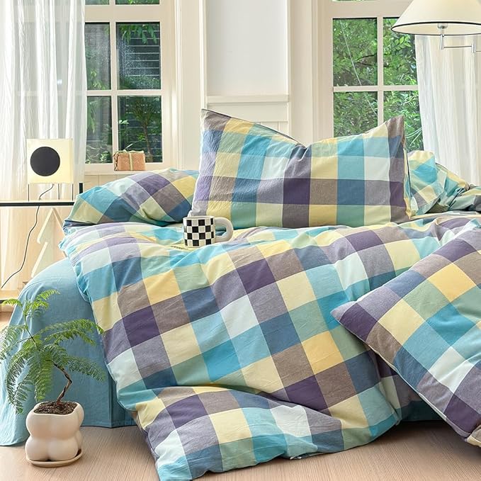 FACE TWO FACE Bedding Duvet Cover Set100% Washed Cotton Duvet Cover Linen Like Textured Breathable Durable Soft Comfy (Queen, Yunxi Blue)